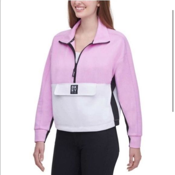 DKNY Pink White & Black Colorblock Tech Pullover Sweatshirt Anorak - Picture 2 of 12